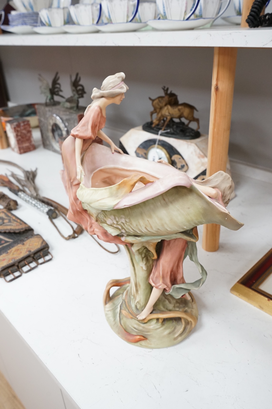 A Royal Dux Art Nouveau figural centrepiece or tazza, 43cm high